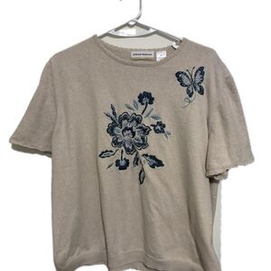 Alfred Dunner Beige Knit Top with Blue Embroidery